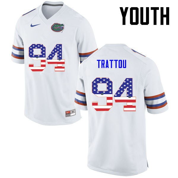 Florida Gators Youth #94 Justin Trattou College Football Jersey USA Flag Fashion White